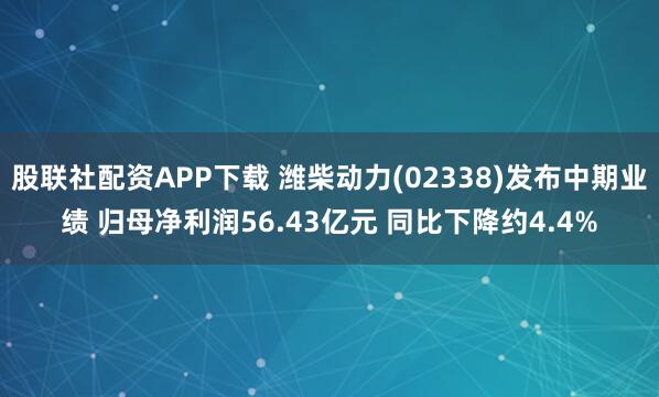 股联社配资APP下载 潍柴动力(02338)发布中期业绩 归母净利润56.43亿元 同比下降约4.4%